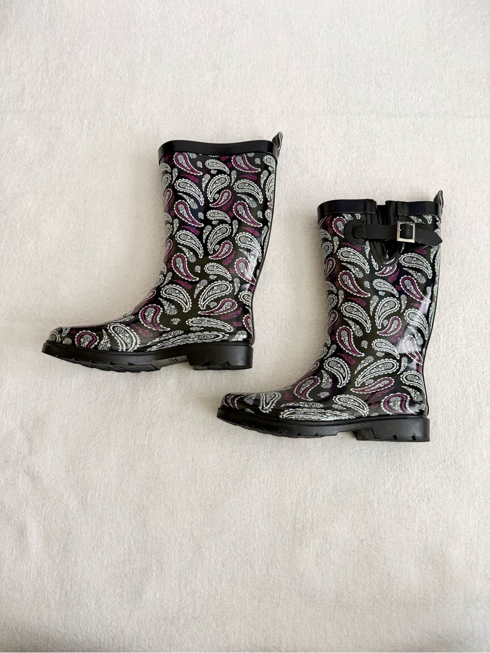 Paisley Rubber Rain Boots Black Purple Size 8 Tall Waterproof Outdoor